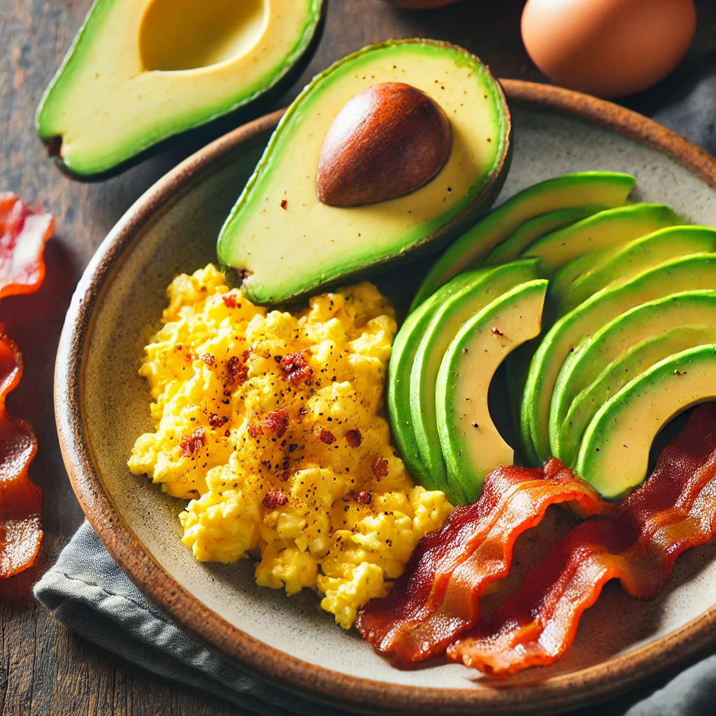 un plato con aguacate, tocineta y huevo