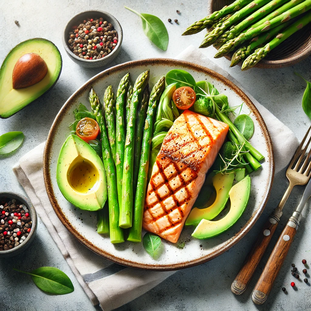 un plato de comida con aguacate, salmon y vegetales